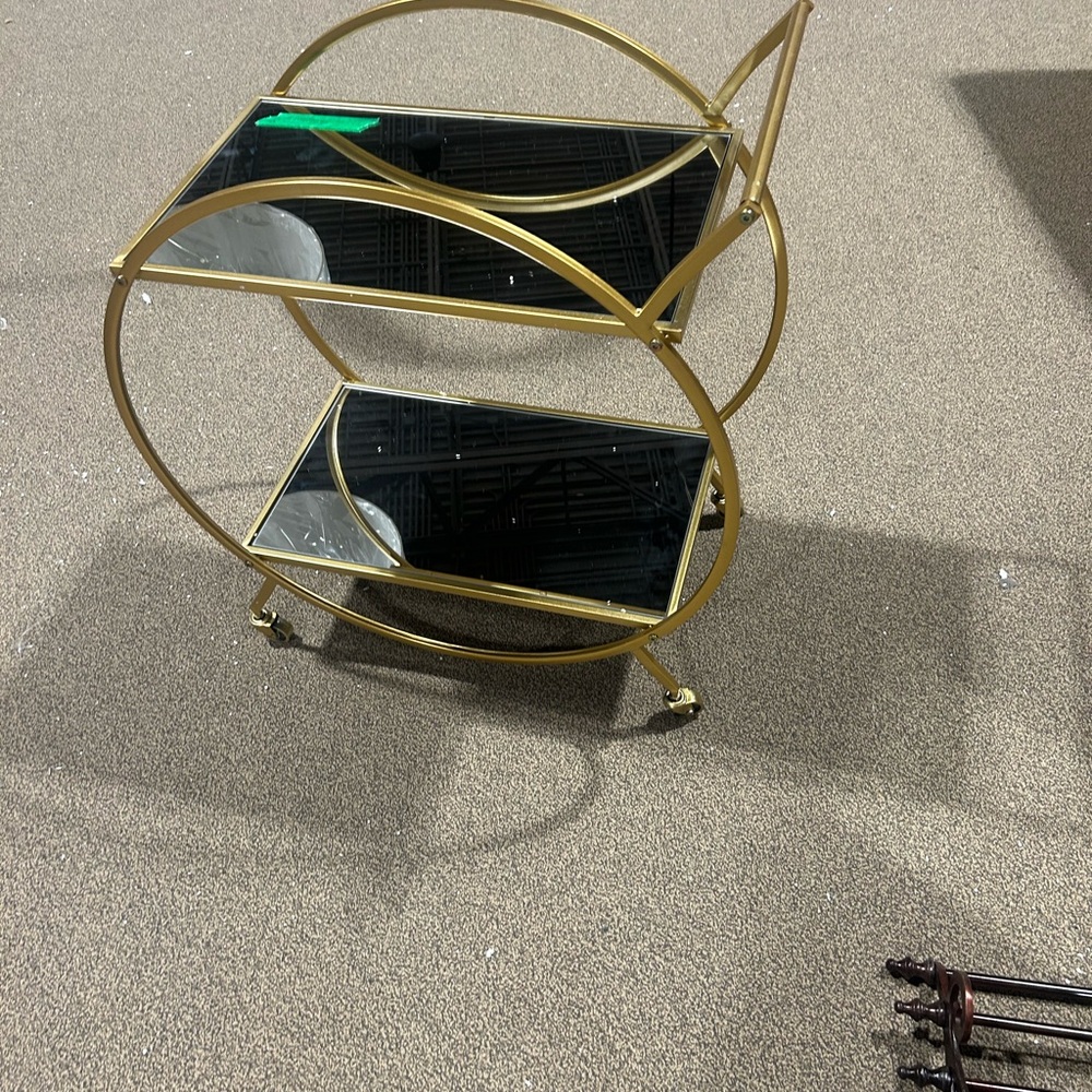 Gold Metal and Black Glass Round Bar Cart